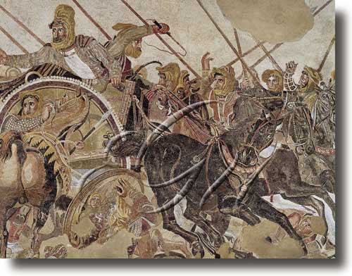 Detalle do mosaico no que se representa a Darío III de Persia na Batalla de Isos, (Museo Archeologico Nazionale, Nápoles)