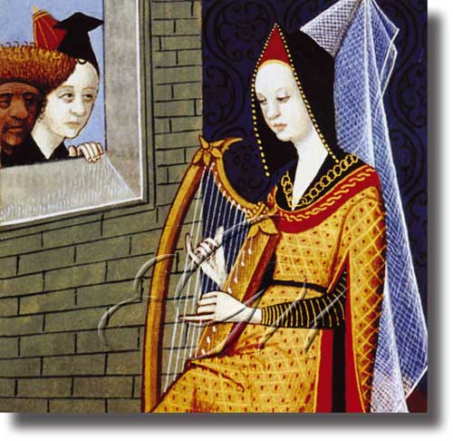 música Dama tocando a arpa, miniatura do s XV de Le livre des cleres et nobles femmes (Bibliothèque Nationale, París)